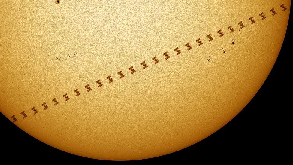 International Space Station captured travelling in front of sun