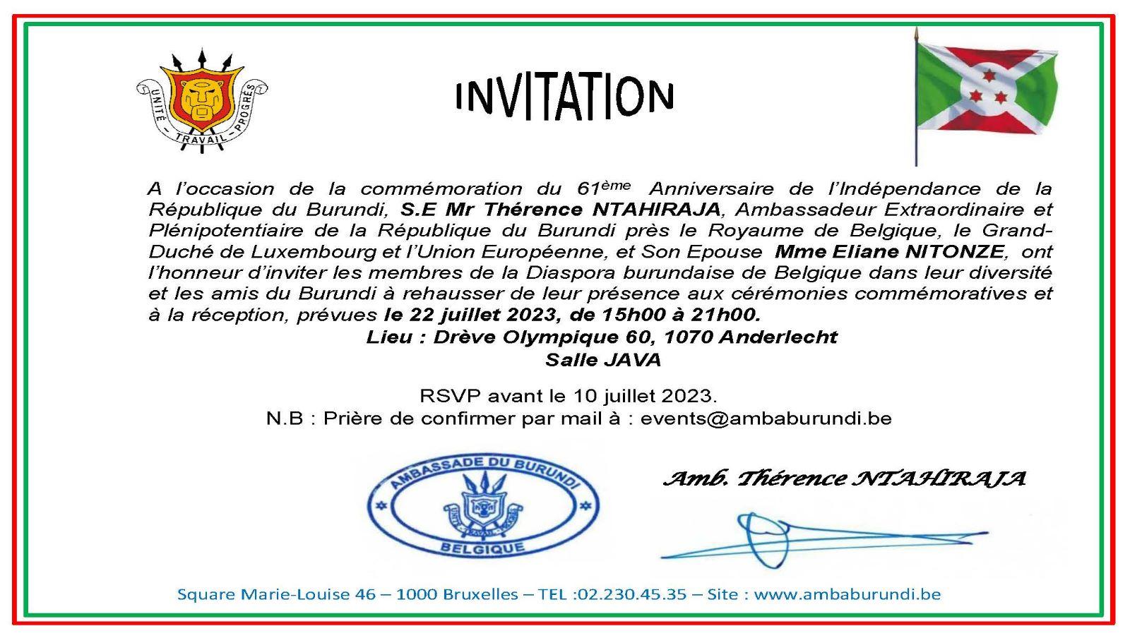 Agenda : 22 juillet 2023 – Invitation à la célébration des 61 ans d’indépendance du Burundi à Bruxelles, Belgique Agenda : 22 juillet 2023 – Invitation à la célébration des 61 ans d’indépendance du Burundi à Bruxelles, Belgique