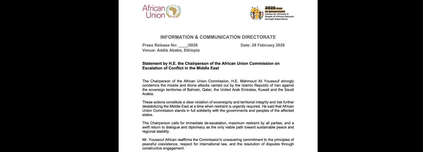 AU Calls for Restraint and Urgent De-escalation Amid US-Iran Conflict AU Calls for Restraint and Urgent De-escalation Amid US-Iran Conflict
