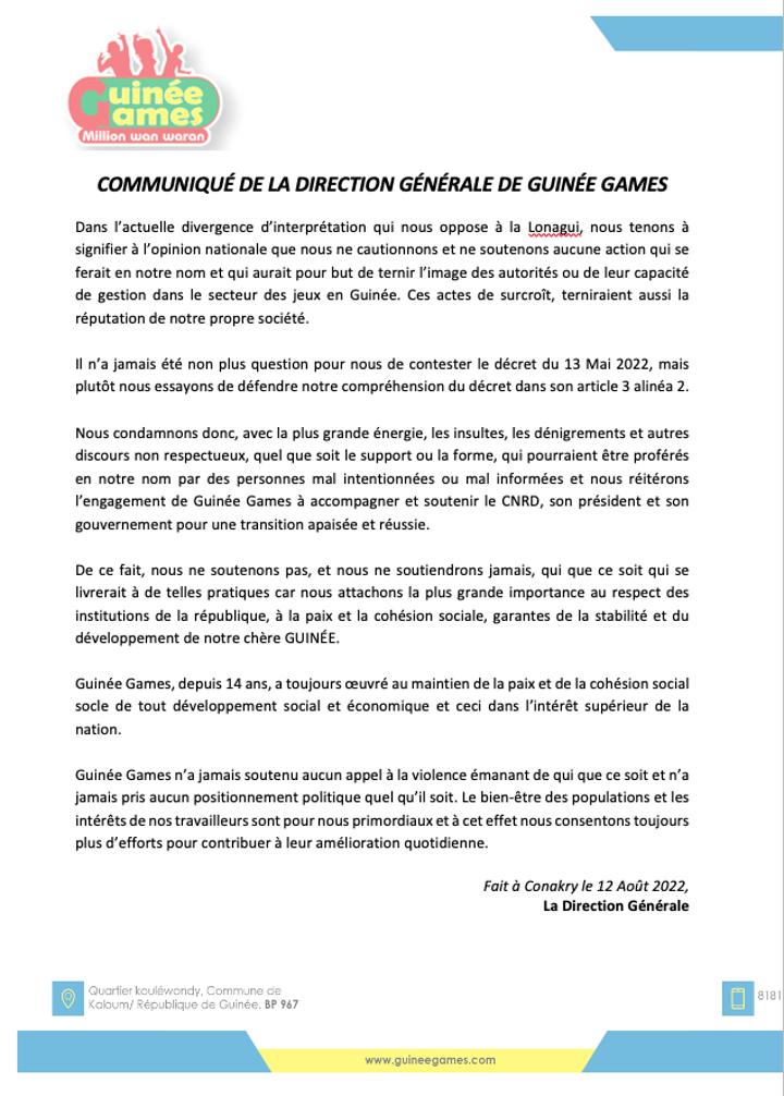 COMMUNIQUÉ DE LA DIRECTION GÉNÉRALE DE GUINÉE GAMES COMMUNIQUÉ DE LA DIRECTION GÉNÉRALE DE GUINÉE GAMES