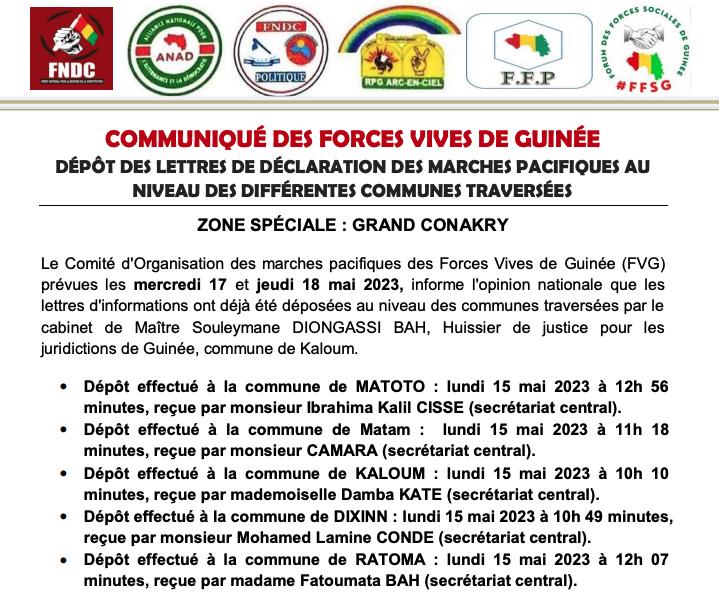 Marches des forces vives de Guinée pour un retour rapide à l’ordre constitutionnel : les lettres déposées dans les mairies de Conakry Marches des forces vives de Guinée pour un retour rapide à l’ordre constitutionnel : les lettres déposées dans les mairies de Conakry