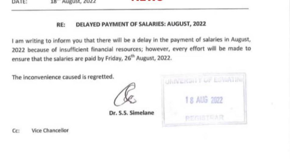 University of Eswatini(UNESWA) to delay salaries amid financial constraints University of Eswatini(UNESWA) to delay salaries amid financial constraints