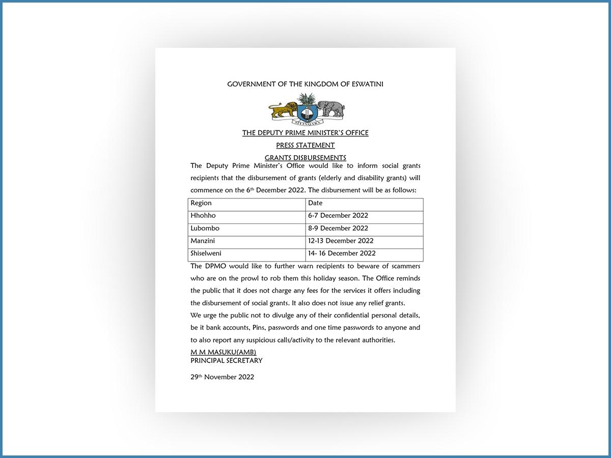 SOCIAL GRANTS DISBURSEMENT SCHEDULE RELEASED SOCIAL GRANTS DISBURSEMENT SCHEDULE RELEASED