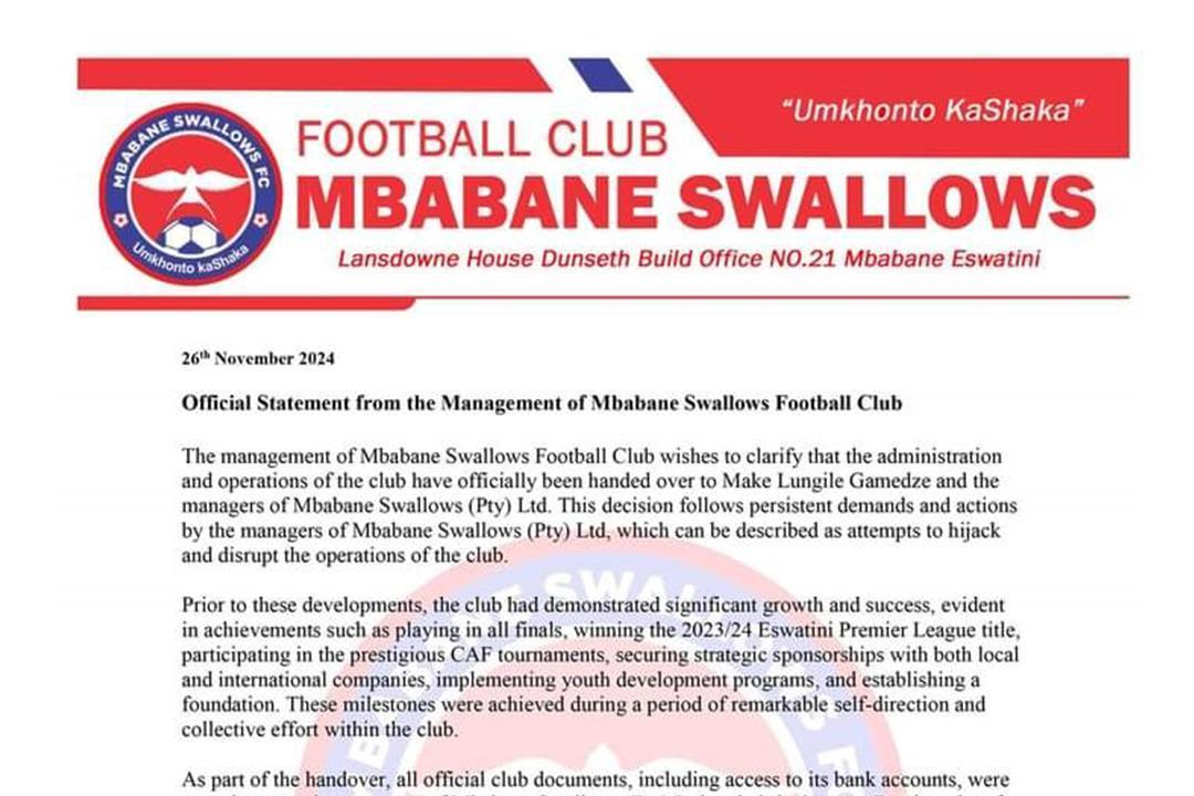 EX-SWALLOWS MC COMMITTED FULLY IN SUPPORTING NEW OWNERSHIP OF THE CLUB EX-SWALLOWS MC COMMITTED FULLY IN SUPPORTING NEW OWNERSHIP OF THE CLUB