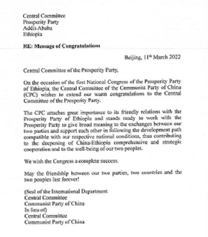 Communist Party of China Expresses Readiness to Work with Prosperity Party of Ethiopia