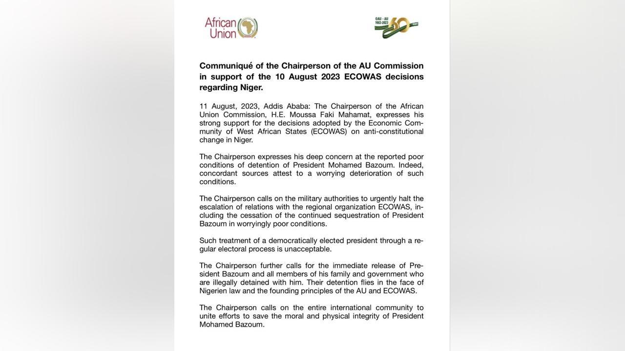 Chairperson of AU Commission Expresses Support for Decisions of ECOWAS Regarding Niger Chairperson of AU Commission Expresses Support for Decisions of ECOWAS Regarding Niger
