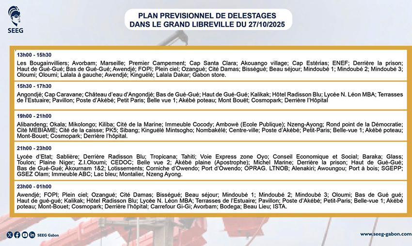 Délestages Prévisionnels du 27 Octobre 2025 à Libreville Délestages Prévisionnels du 27 Octobre 2025 à Libreville