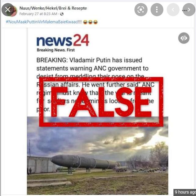Fabricated news alert falsely claims Russian president told South Africa’s ANC to keep out of its affairs Fabricated news alert falsely claims Russian president told South Africa’s ANC to keep out of its affairs