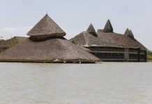 Buildings submerged by rising Lake Baringo