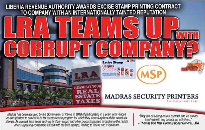 Liberia Revenue Authority Awards Excise Tax Stamp Supply Contract to Company with Internationally Corrupt Reputation Liberia Revenue Authority Awards Excise Tax Stamp Supply Contract to Company with Internationally Corrupt Reputation