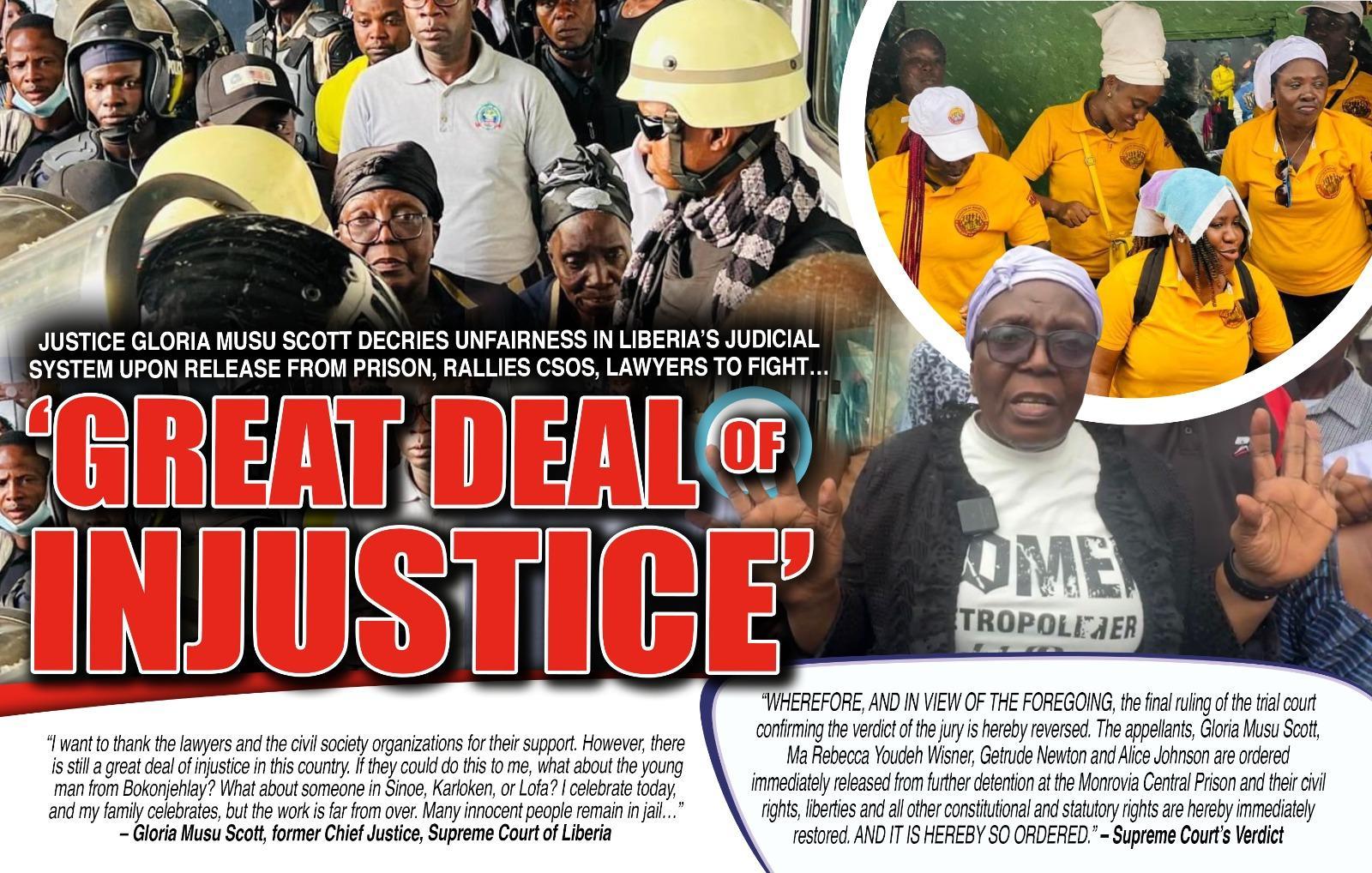 Justice Gloria Musu Scott decries unfairness in Liberia’s Judicial System Upon Release From Prison, Rallies CSOs, Lawyers To Fight… Justice Gloria Musu Scott decries unfairness in Liberia’s Judicial System Upon Release From Prison, Rallies CSOs, Lawyers To Fight…