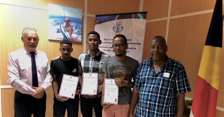 Three young Seychellois receive certificate after completing training in maritime safety Three young Seychellois receive certificate after completing training in maritime safety