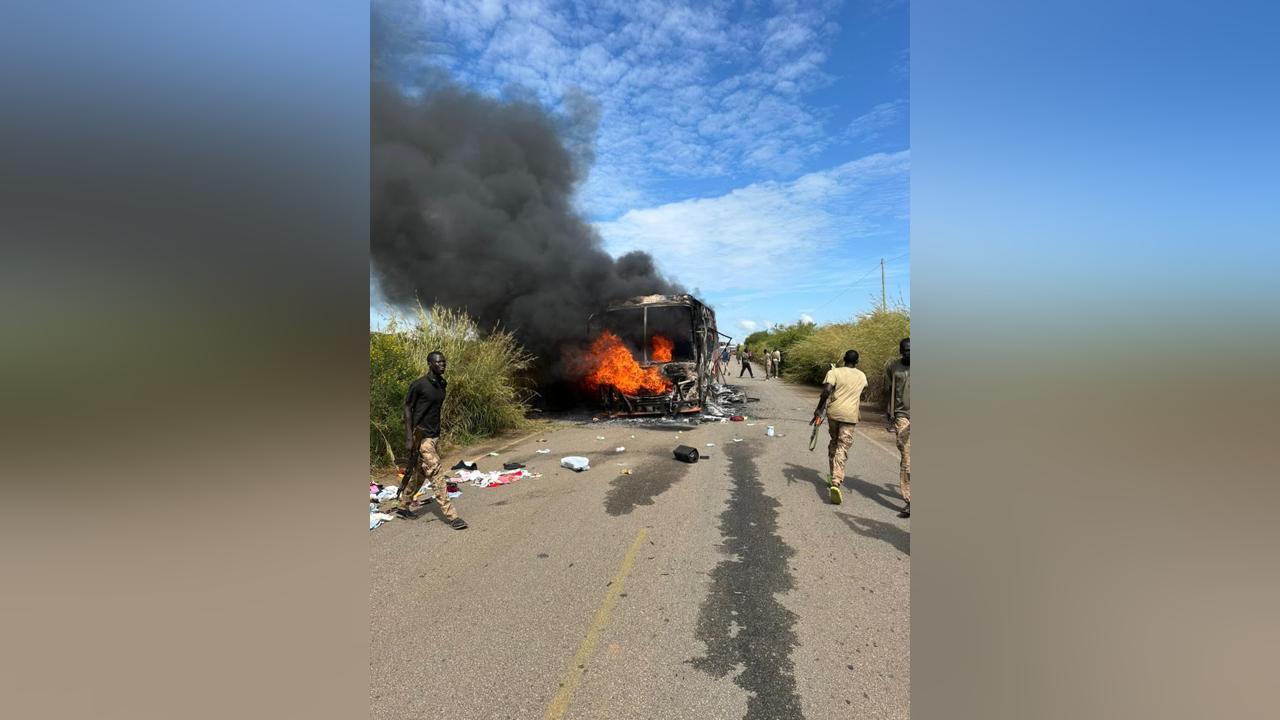 Public bus set ablaze in Juba-Nimule road attack Public bus set ablaze in Juba-Nimule road attack