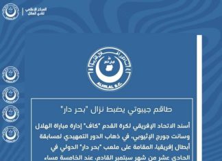 الكاف يختار طاقم تحكيم جيبوتي لإدارة مباراة الهلال وسانت جورج الكاف يختار طاقم تحكيم جيبوتي لإدارة مباراة الهلال وسانت جورج