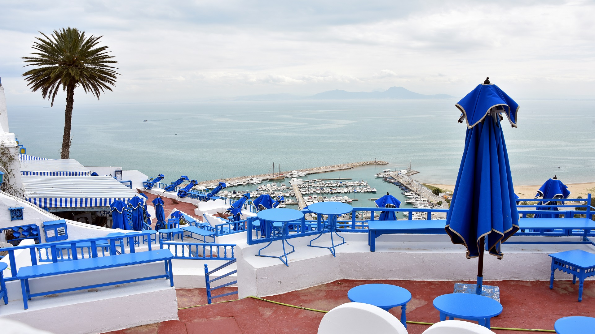 A closed and deserted cafe in the village of Sidi Bou Said,