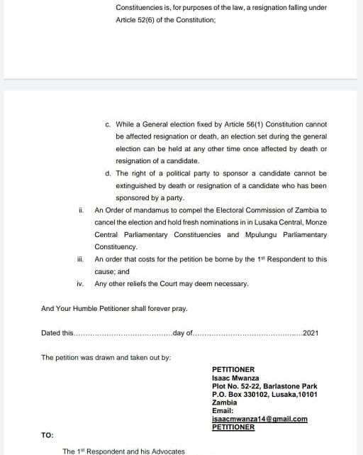 Isaac Mwanza Petitions Constitutional Court To Cancel Elections Where Candidates Have Withdrawn, Resigned Or Died Isaac Mwanza Petitions Constitutional Court To Cancel Elections Where Candidates Have Withdrawn, Resigned Or Died