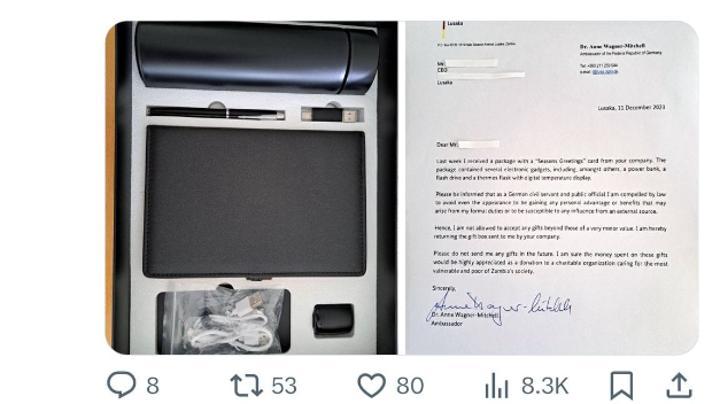 Germany Ambassador Dr. Anne Wagner Mitchel Rejects Expensive Christmas Gifts, Advises Sender To Donate To The Poor Germany Ambassador Dr. Anne Wagner Mitchel Rejects Expensive Christmas Gifts, Advises Sender To Donate To The Poor