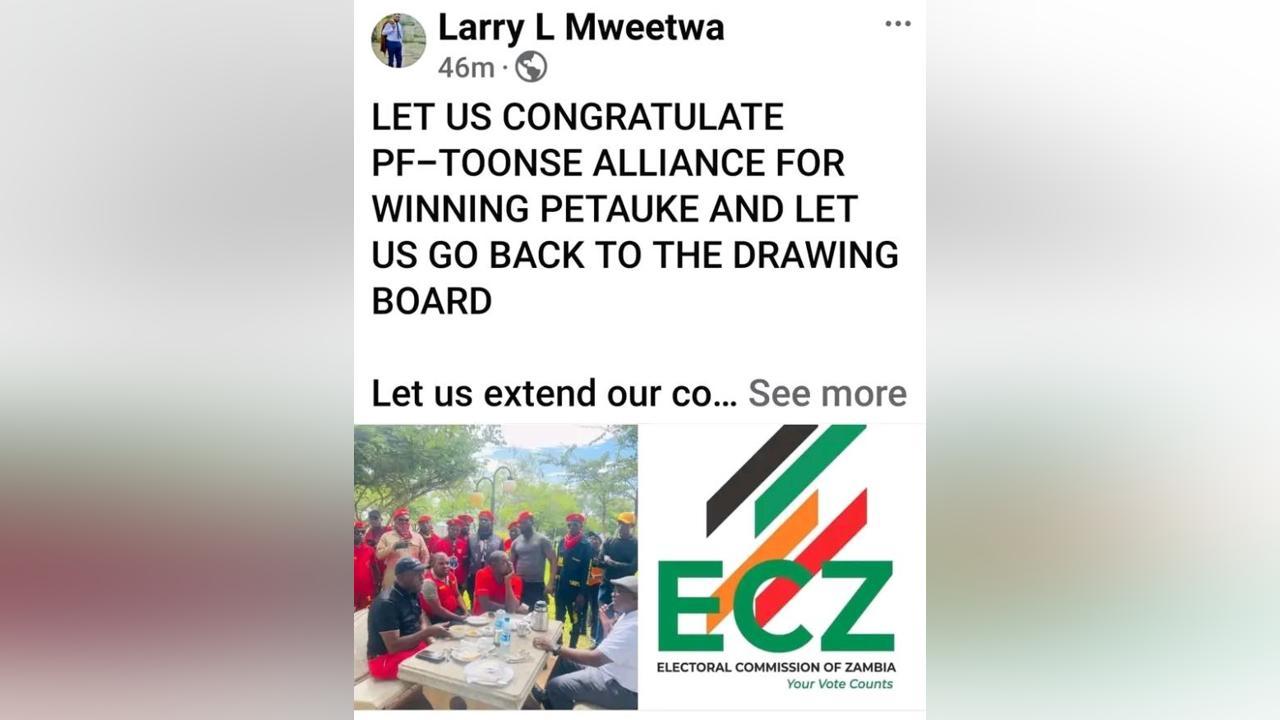 Larry Mweetwa refuses to be part of attempts to rig the Petauke by election results- Amb. Emmanuel Mwamba Larry Mweetwa refuses to be part of attempts to rig the Petauke by election results- Amb. Emmanuel Mwamba