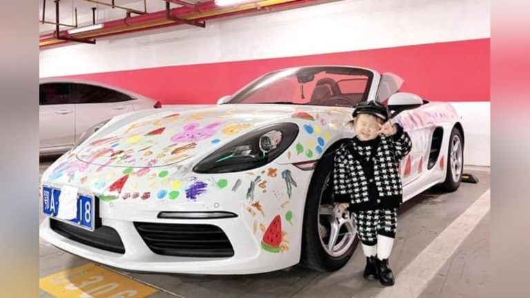 Mom sparks online parenting debate by letting her 2-year-old paint all over her Porsche